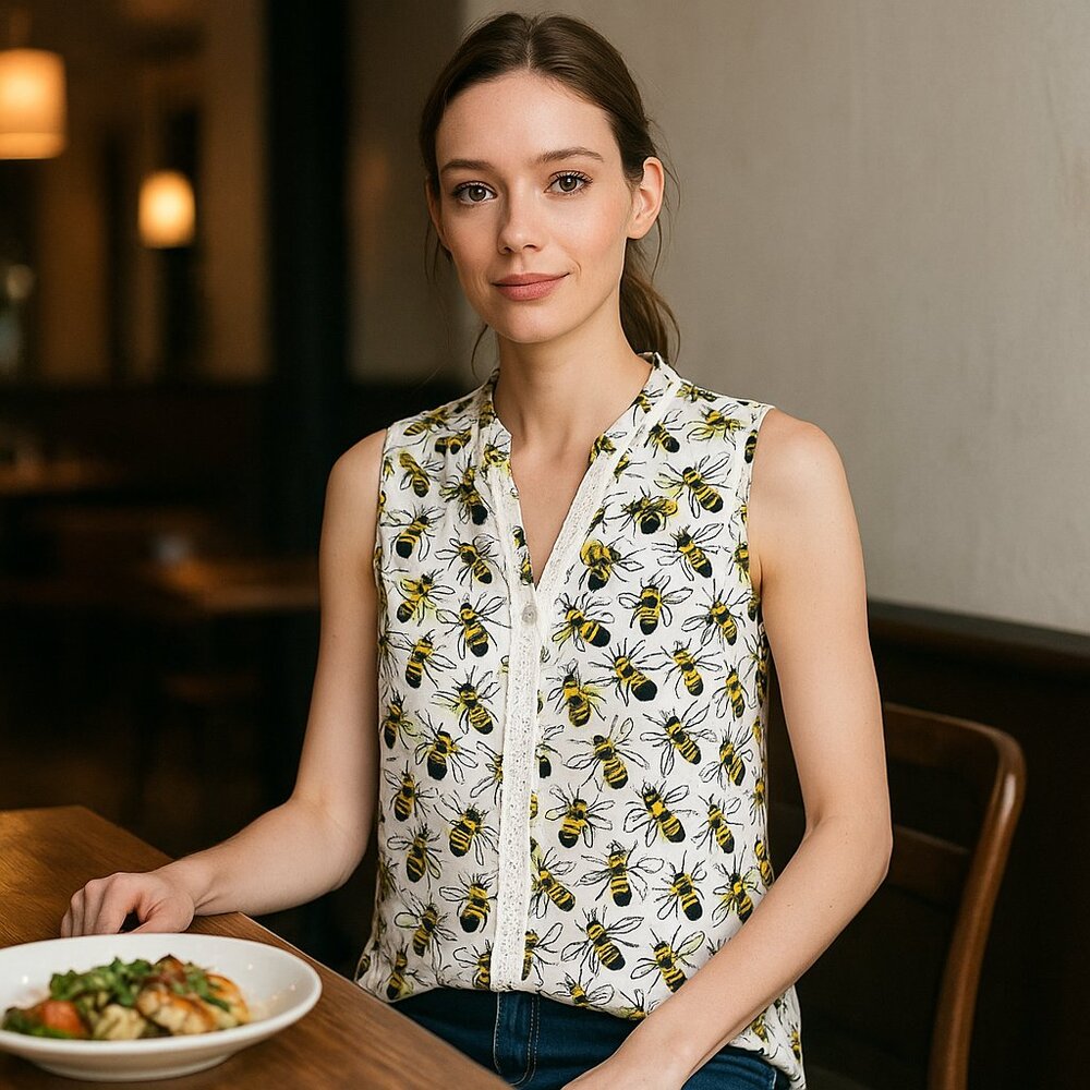 ModCloth White Sleeveless Bee Print Blouse with Yellow Accents